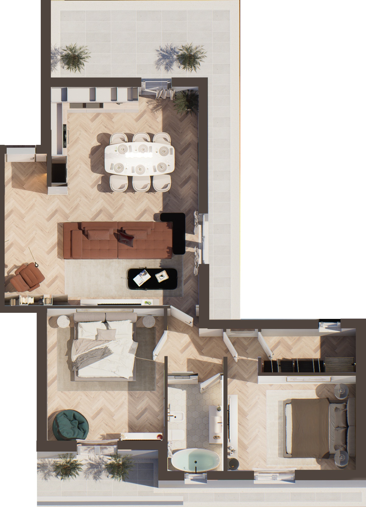 Render zenitale della planimetria dell'Appartamento 03