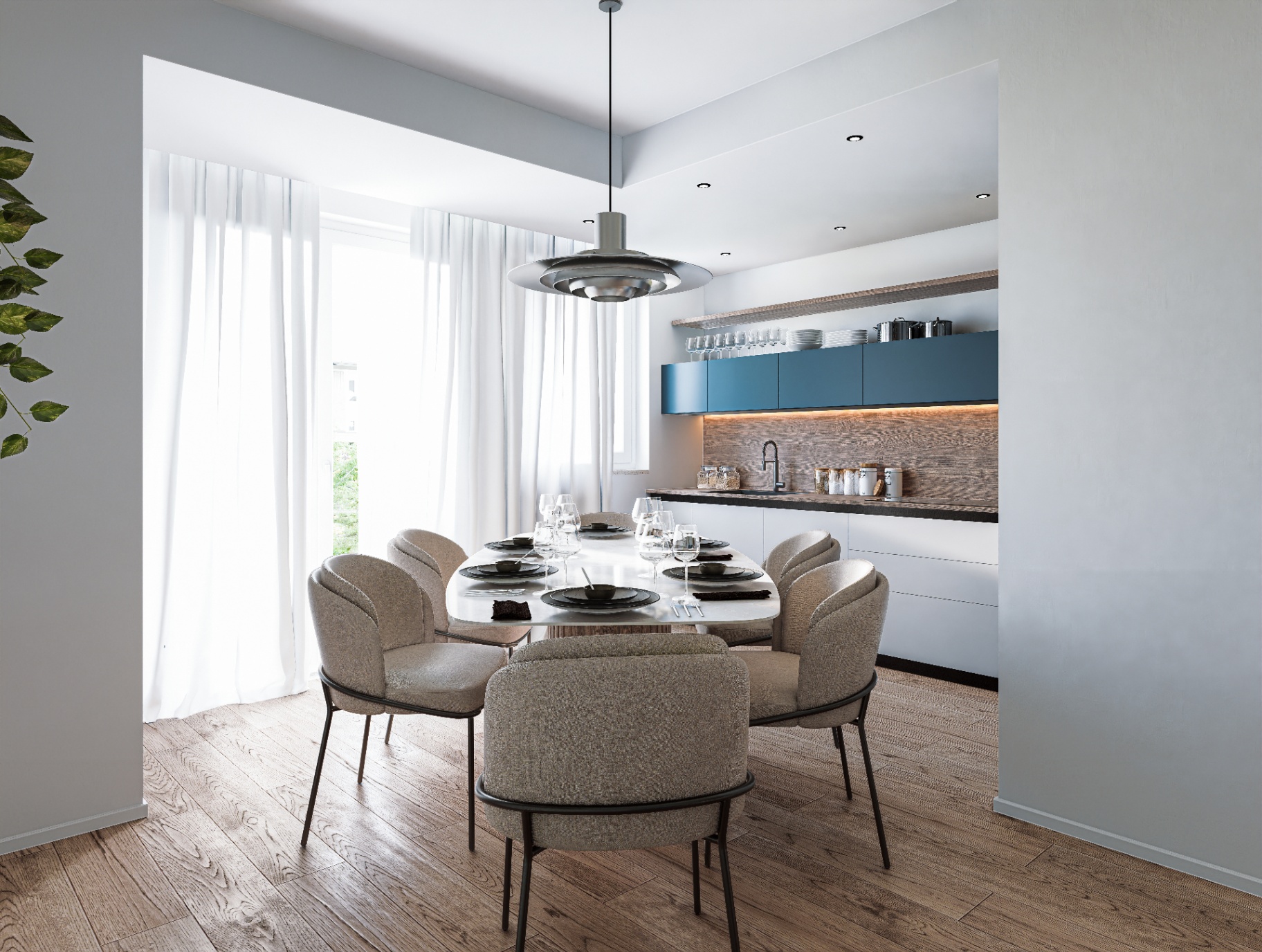 Zona pranzo con cucina lineare in rovere e blu