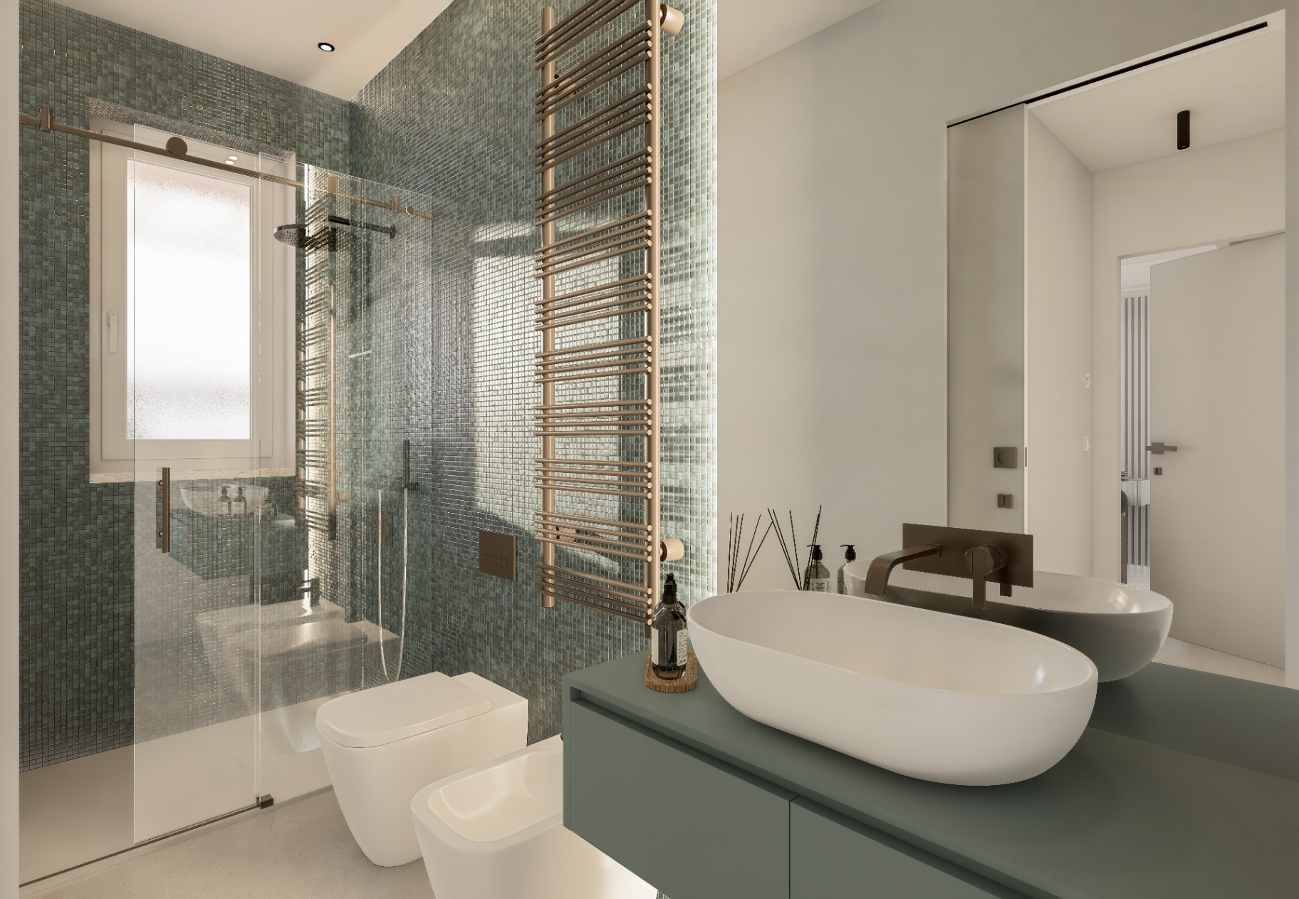 Bagno padronale con mosaico verde e doccia walk-in