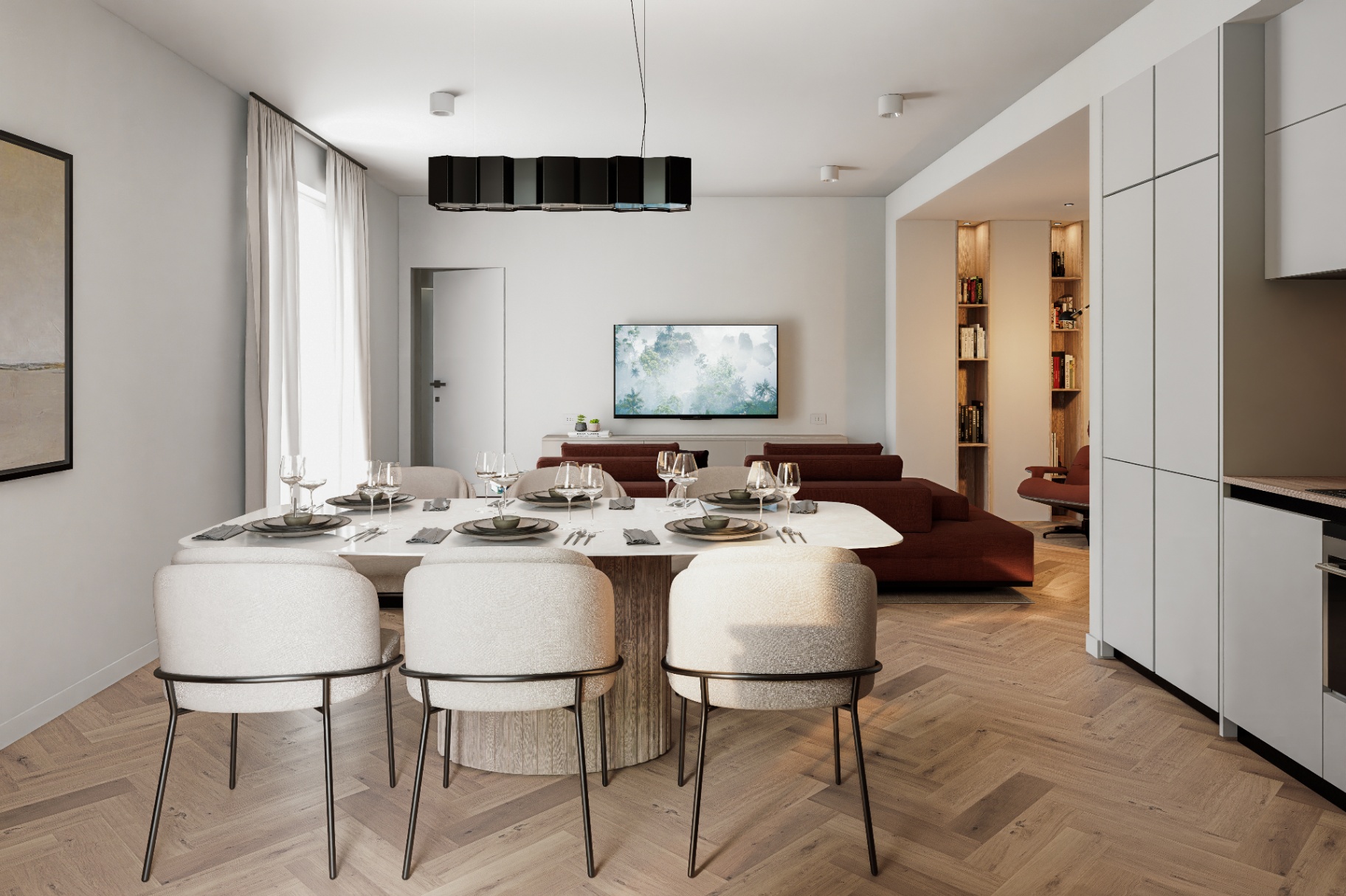 Zona pranzo con sedute bouclé e sospensione di design