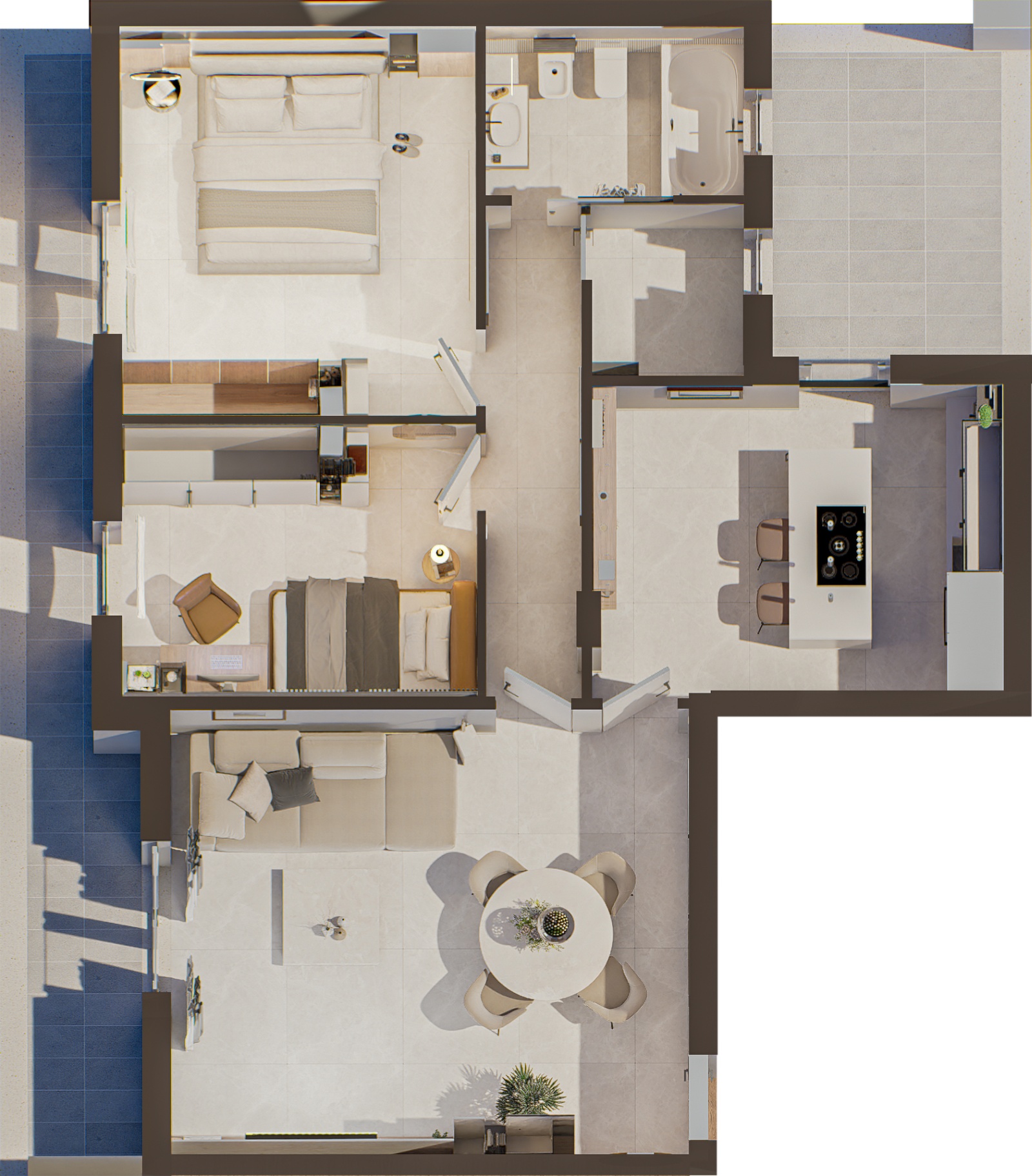Render zenitale della planimetria dell'Appartamento 01