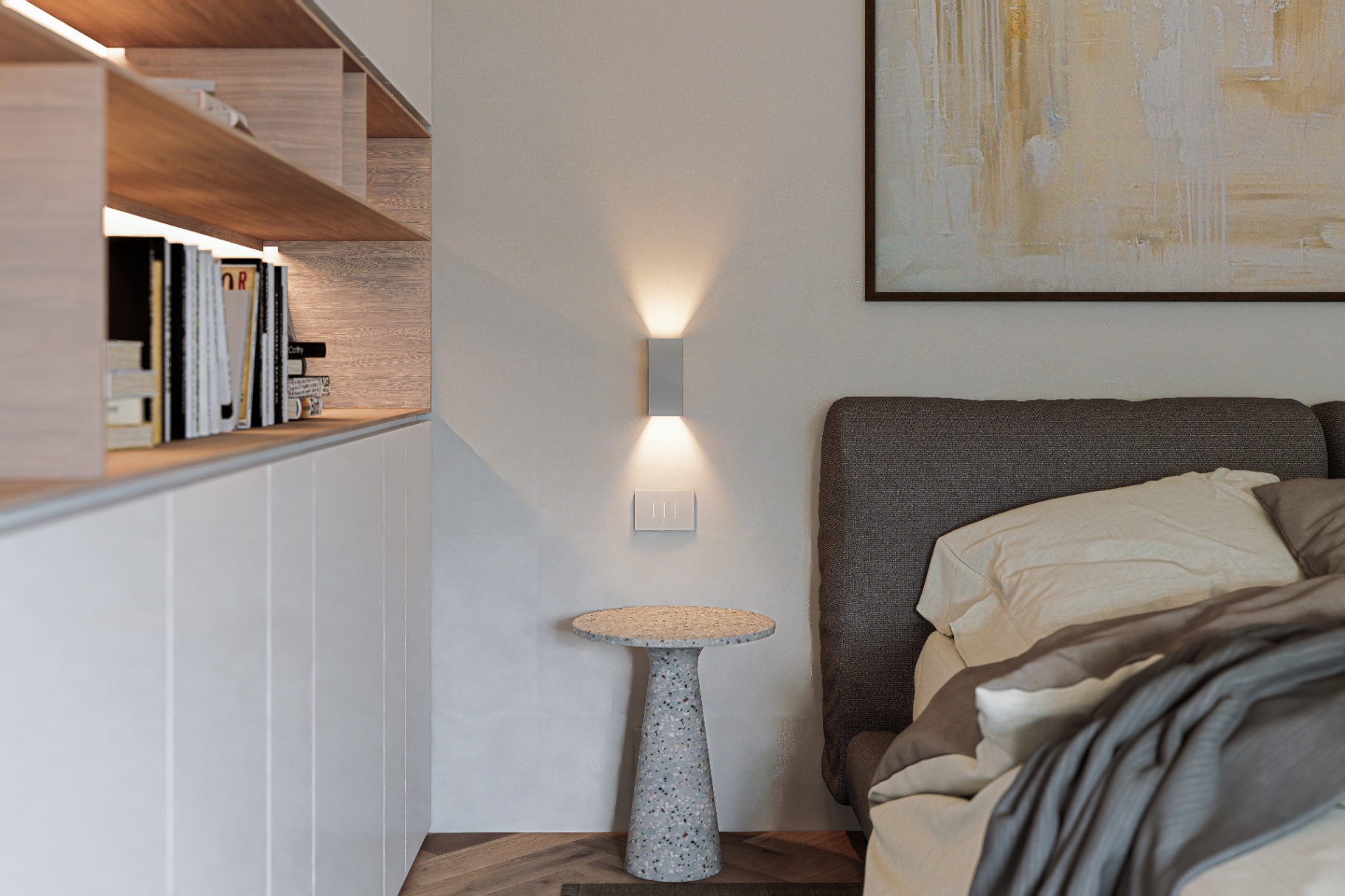 Dettaglio comodino con applique e tavolino in terrazzo