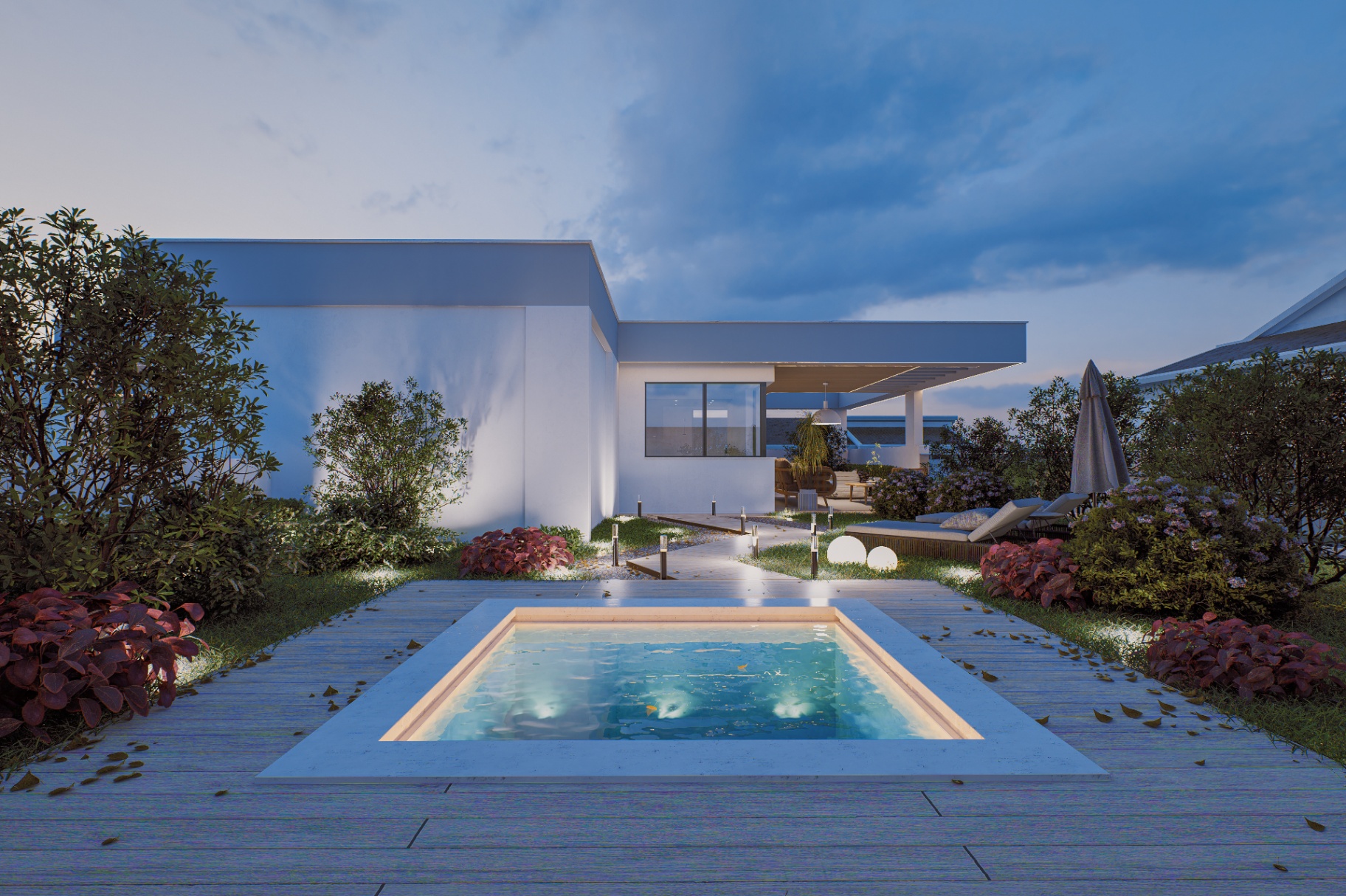 Terrazzo dell'Attico al tramonto con piscina illuminata e giardino pensile