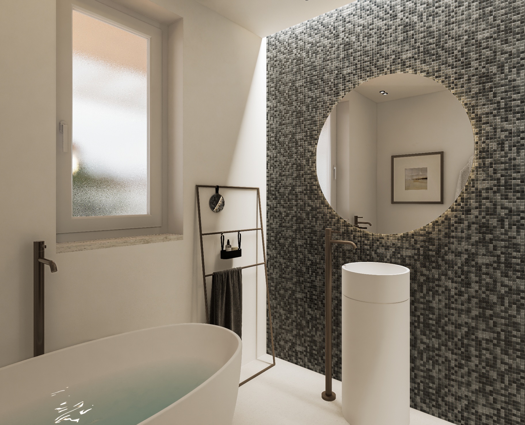 Bagno ospiti con vasca freestanding e mosaico grafico