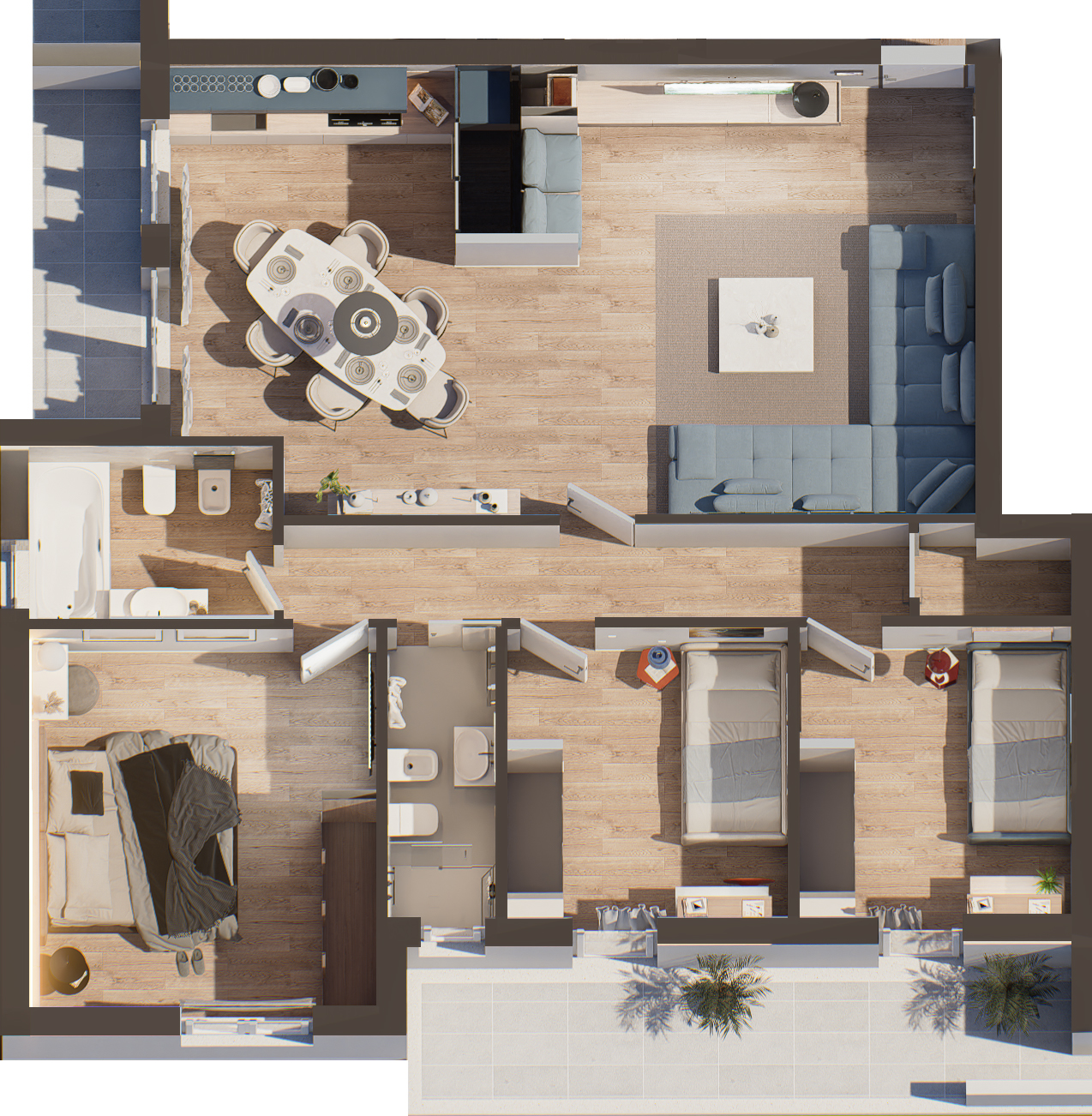 Render zenitale della planimetria dell'Appartamento 02