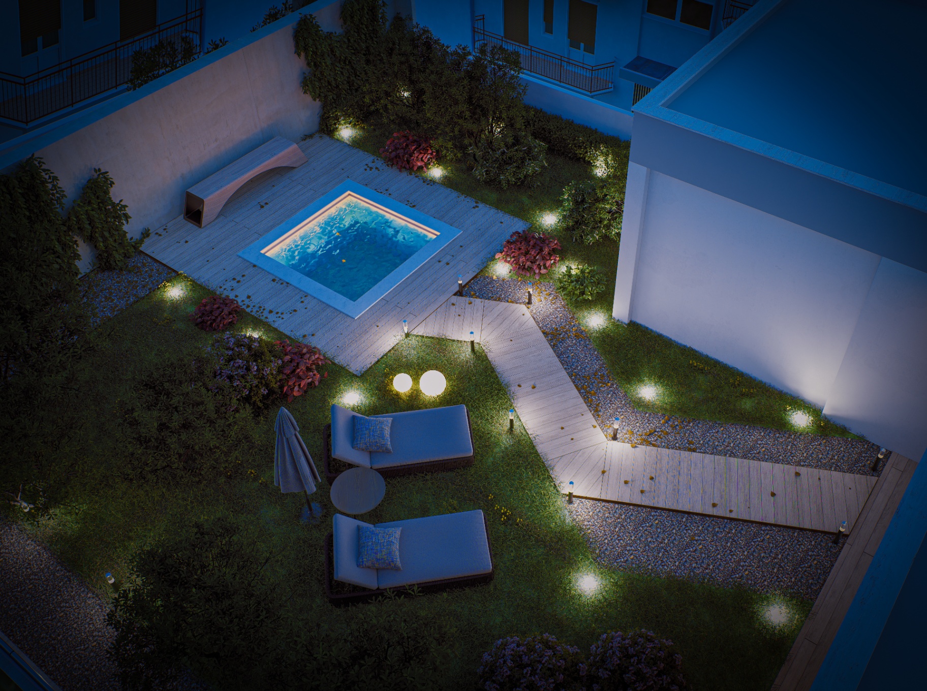 Vista zenitale notturna del terrazzo con piscina, deck e lounge