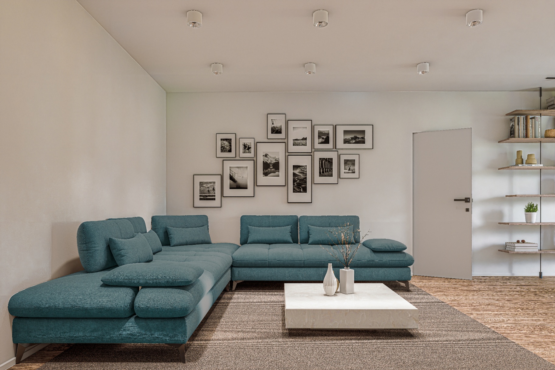 Salotto con divano ad angolo e gallery wall