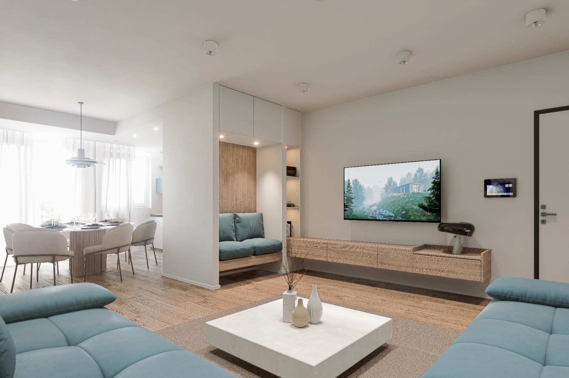 Living con parete attrezzata e domotica