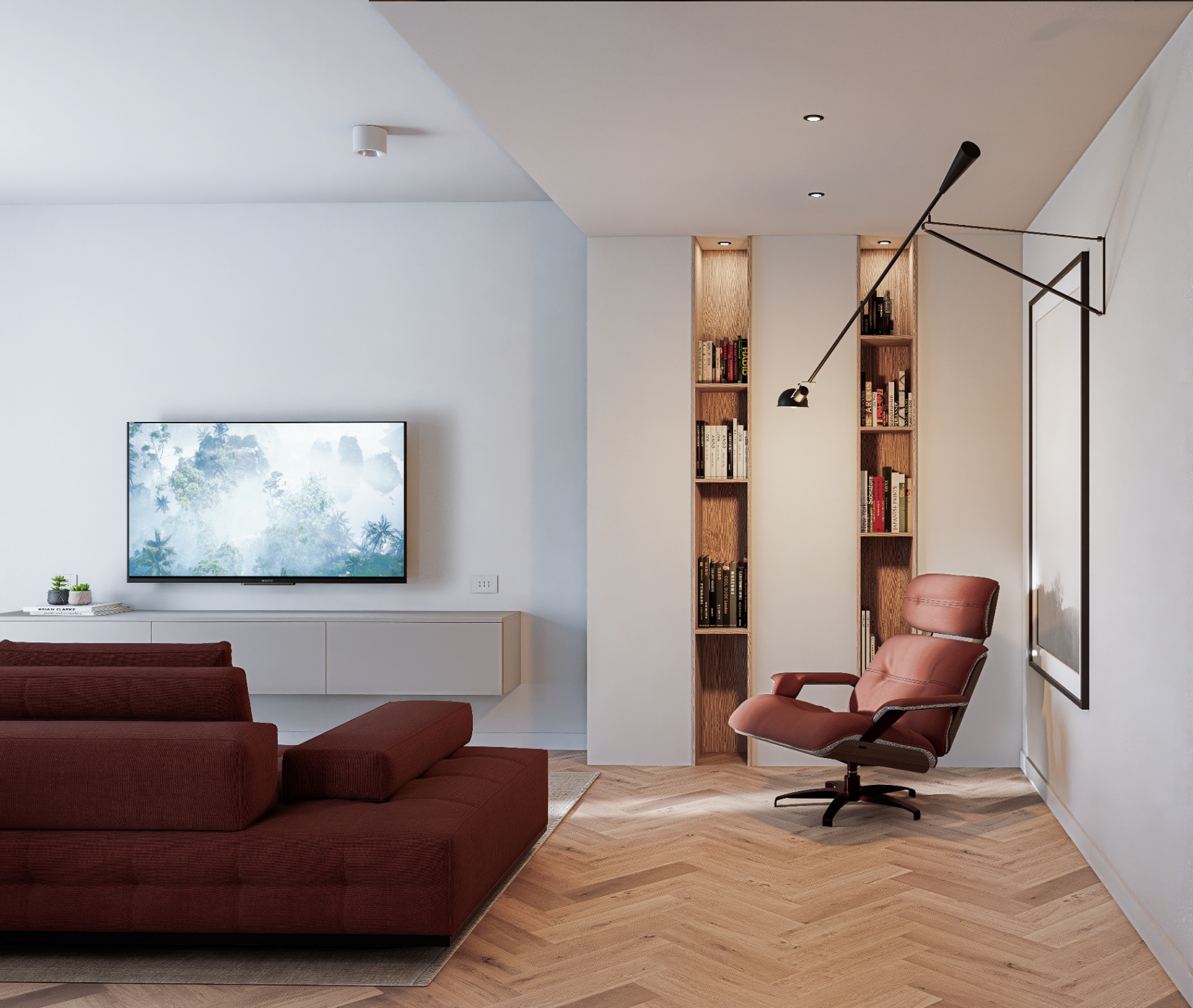 Angolo relax con parete libreria in rovere e poltrona in pelle